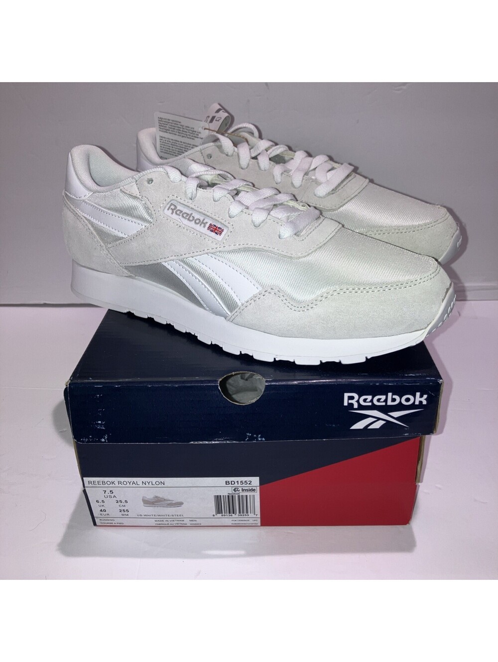 REEBOK ROYAL CLASSIC LEATHER NYLON WHITE STEEL MENS SIZE 7.5 NEW